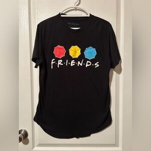 FRIENDS Black Tee with Red, Yellow, and Blue Umbrellas